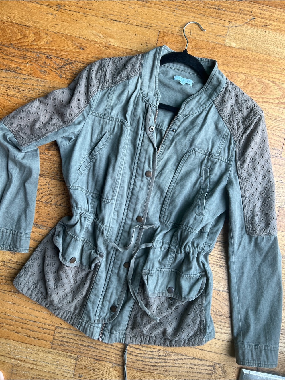 June & Ivy Utility Jacket with Eyelet Accents in Olive Green and Taupe / Large